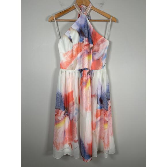 White House Black Market WHBM Chiffon Watercolor Print Halter Dress Womens Sz 10 - Picture 2 of 11